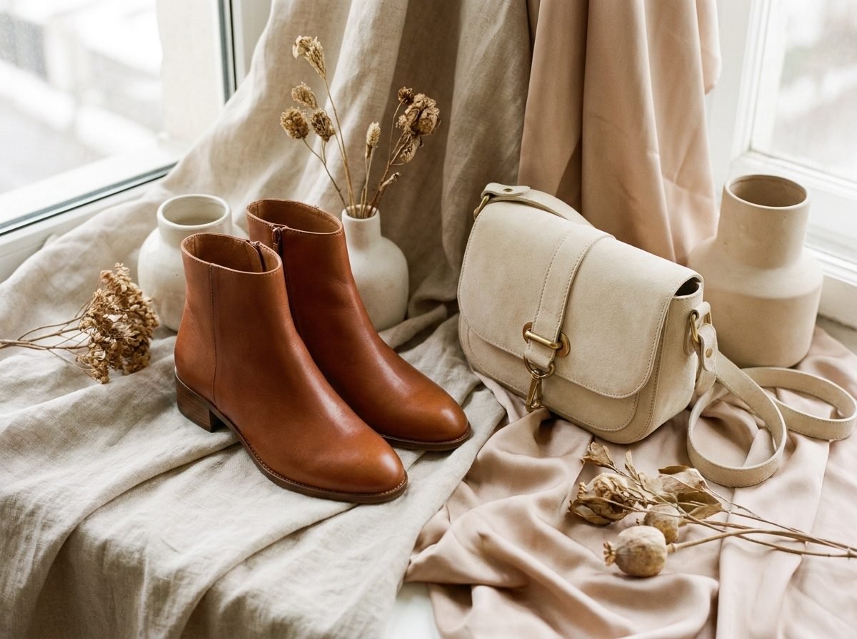 Lederstiefeletten und eine helle Wildledertasche, arrangiert in warmen Naturtönen