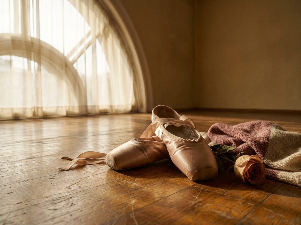 Spitzenschuhe mit Rose und Strickjacke auf einem Parkettboden